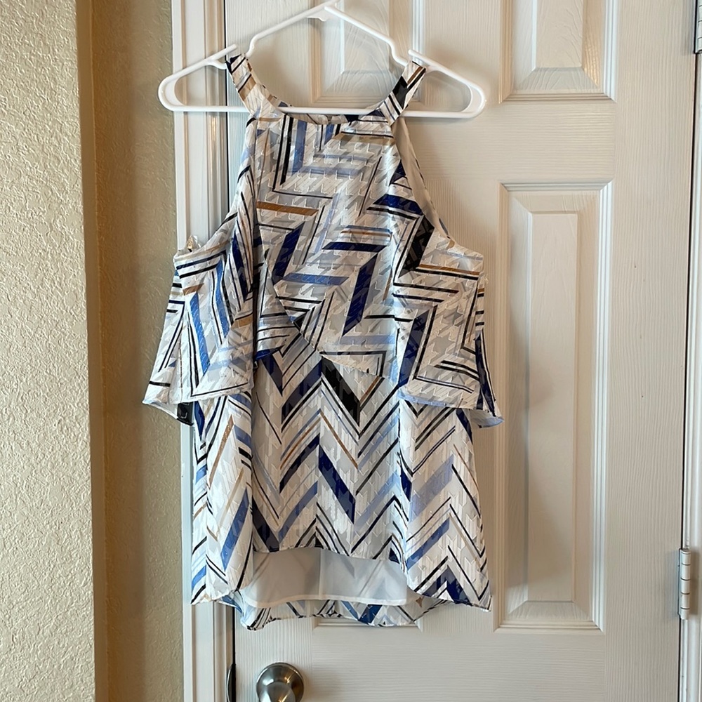 White House Black Market White and Navy Chevron Halter Ruffle Top